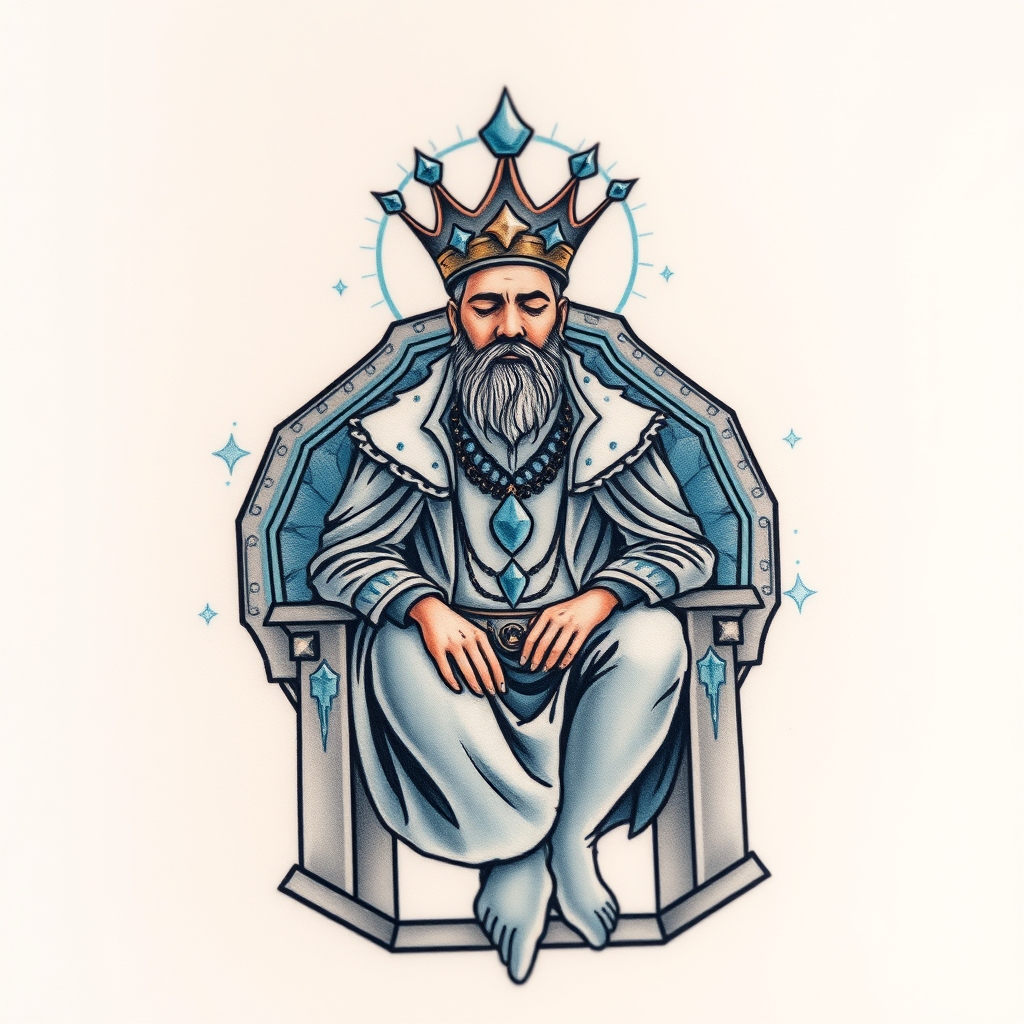 A tattoo design of A king sitting on his hexagon shaped throne, his eyes closed, his face soft, and his aura light blue and silver around him, his crown is streaming light in the style of watercolor. - royalty fantasy tattoo design generated by AI tattoo generator