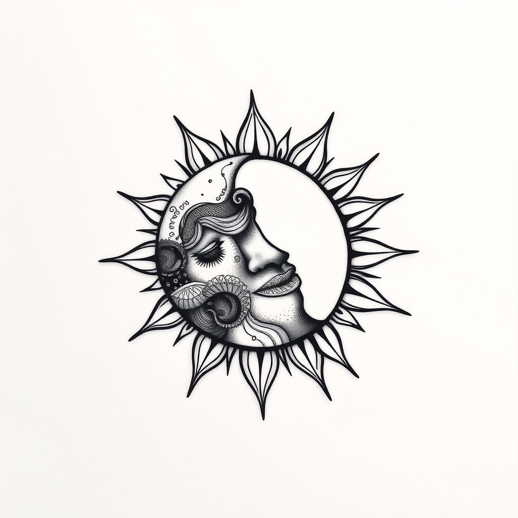 A tattoo design of Moon and Sun  in the style of blackwork. - celestial bodies tattoo design generated by AI tattoo generator