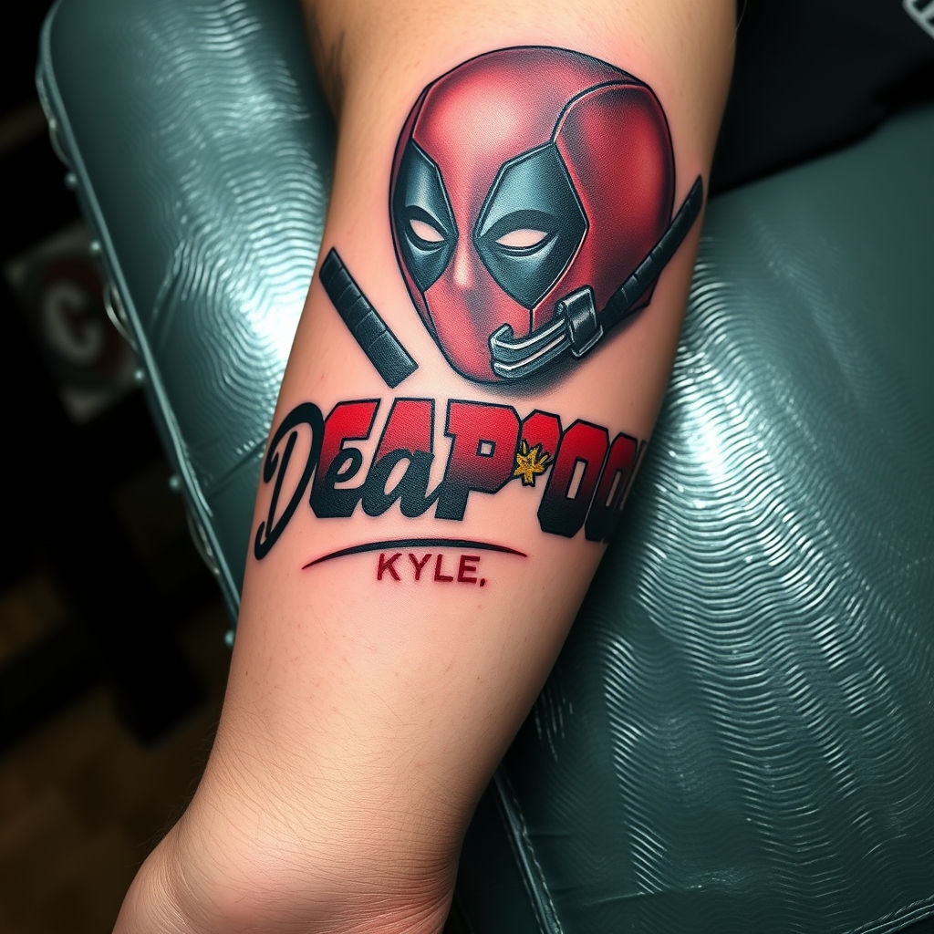 A tattoo design of Top half sleeve tattoo of deadpool tattooing the names Deacan Austin and Kyle directly on to the arm in the style of realistic. - superhero pop culture tattoo design generated by AI tattoo generator