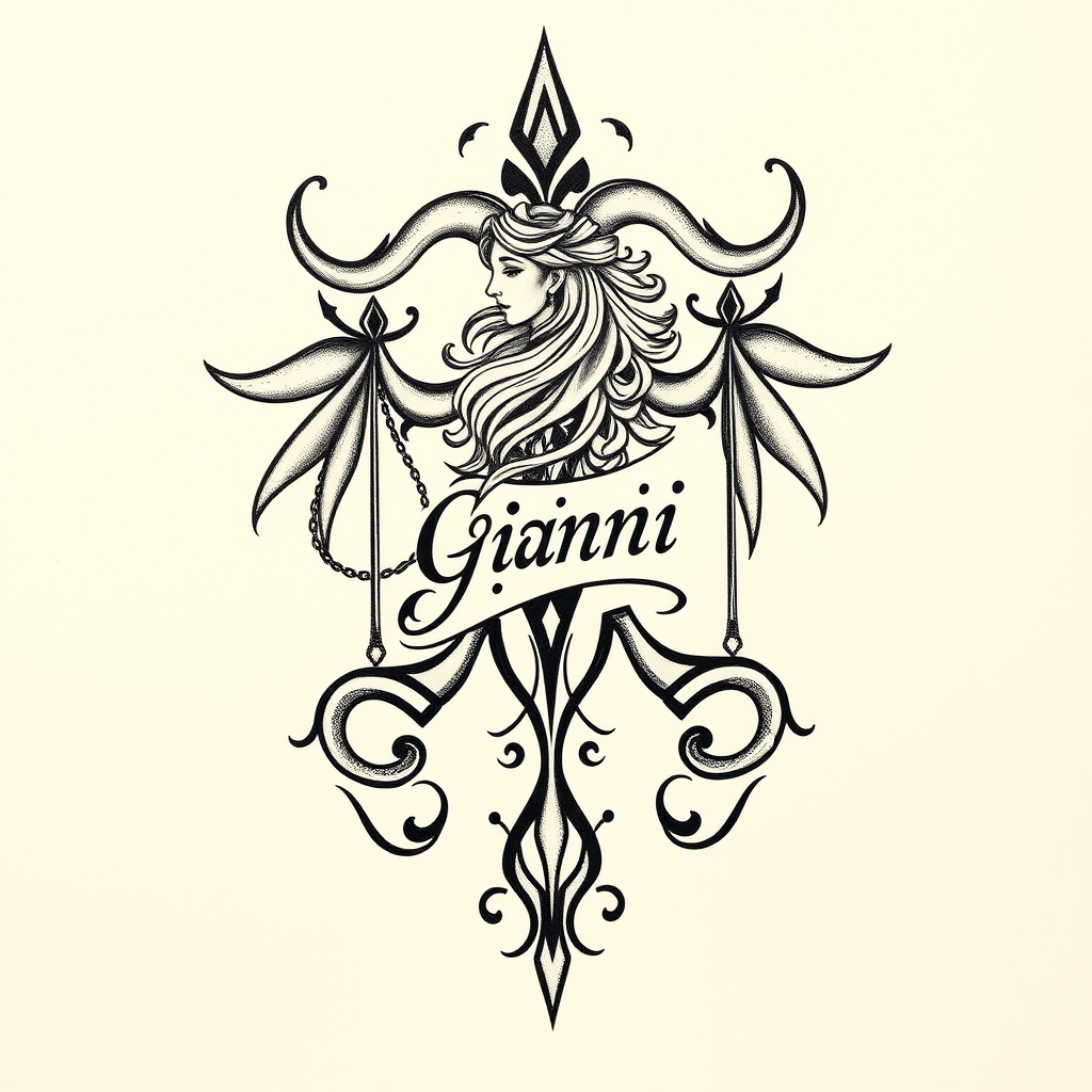 A tattoo design of  tattoo detailed libra zodiac with "Gianni" in it in the style of tribal. - zodiac symbol tattoo design generated by AI tattoo generator