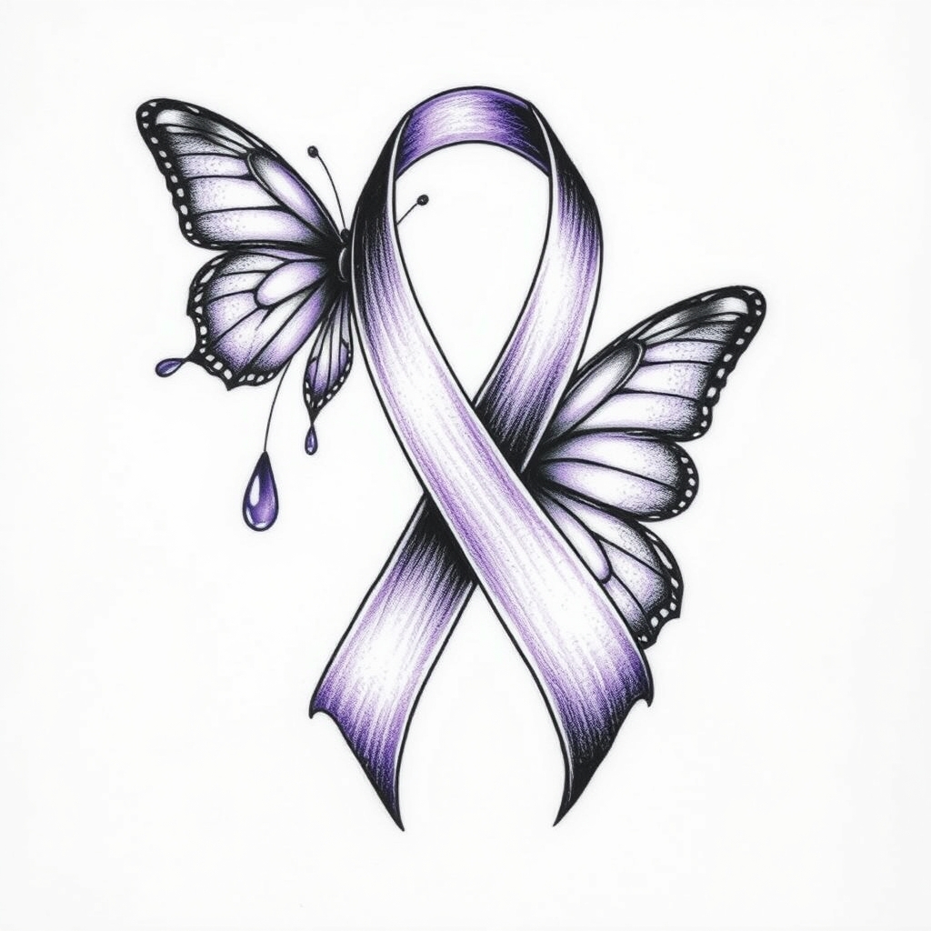 A tattoo design of  crying with the domestic awareness ribbon with a purple butterfly entwined together in the style of blackwork. - awareness ribbon tattoo design generated by AI tattoo generator