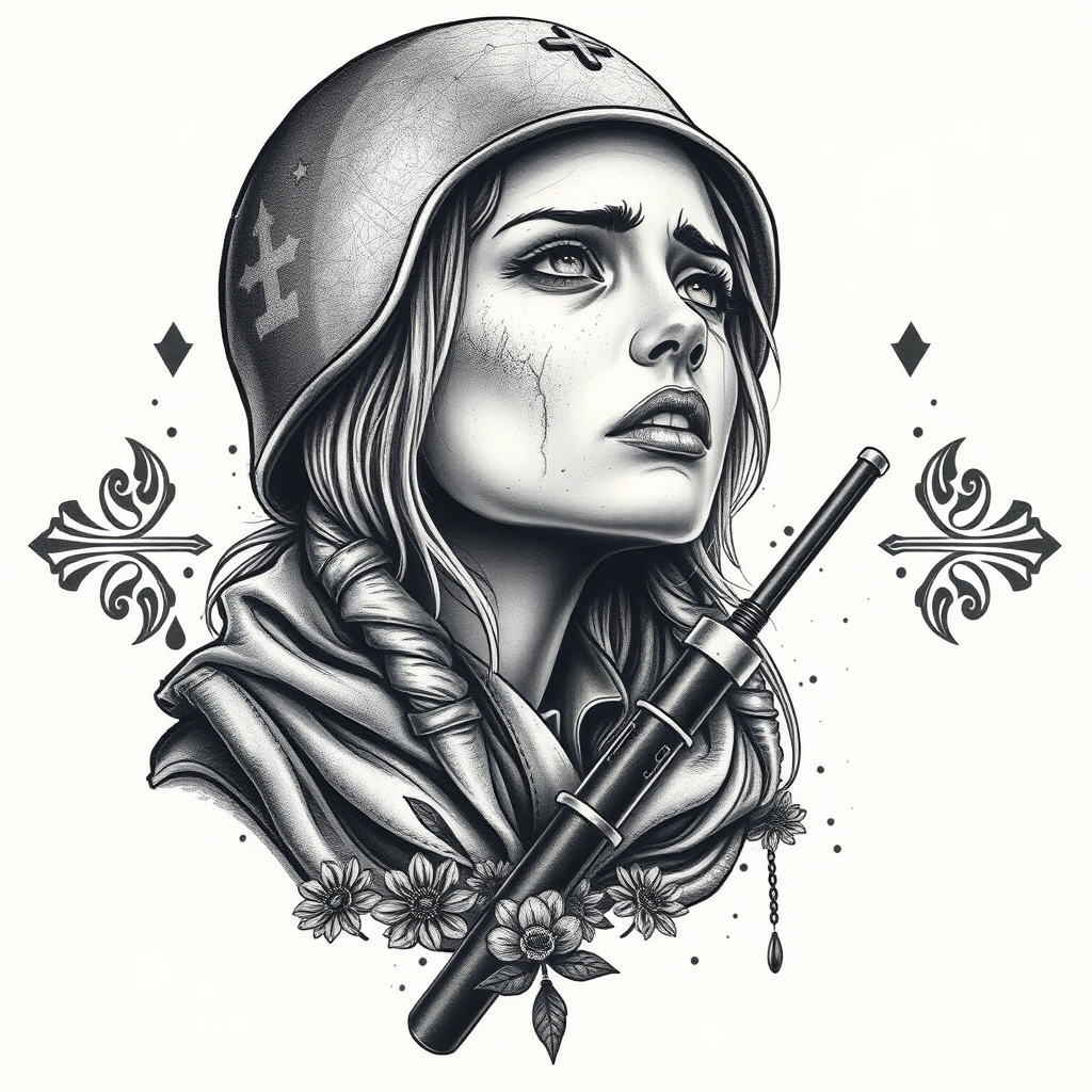 A tattoo design of Soldier Ukrainian girl crying in the style of realistic. - military portrait tattoo design generated by AI tattoo generator