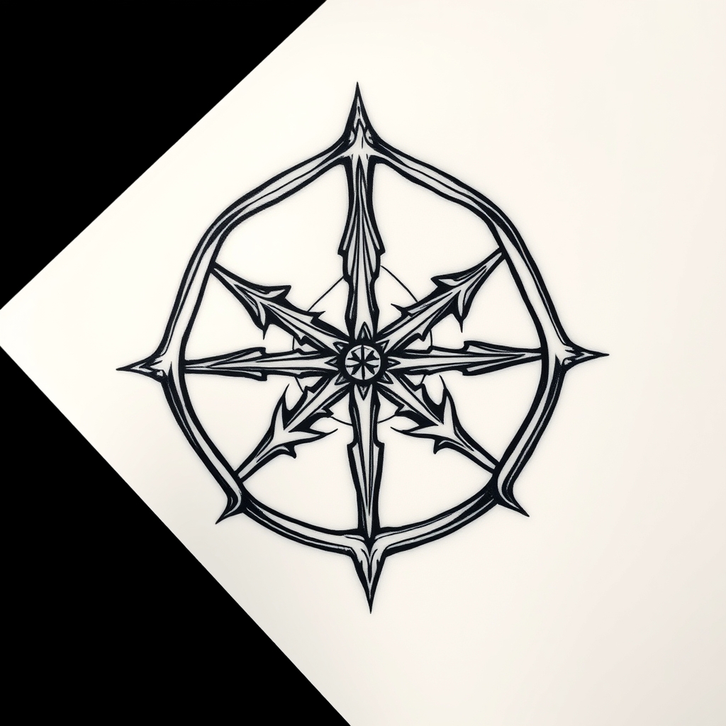 A tattoo design of three interlocking longbows spiraling from a center point similar to a triskelion in the style of geometric. - archery symbols tattoo design generated by AI tattoo generator
