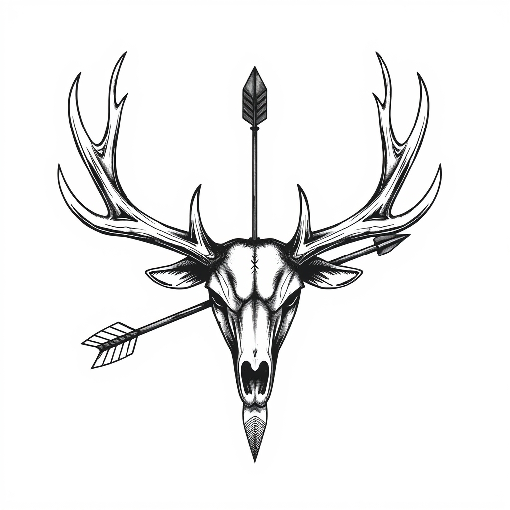 A tattoo design of Bull elk antler wrapped around an arrow in the style of realistic. - wildlife nature tattoo design generated by AI tattoo generator