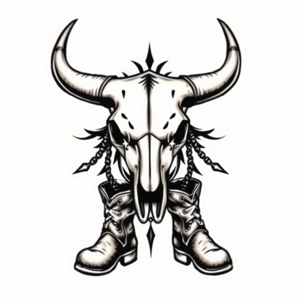 A tattoo design of Rustic bull skull with ariat boots in the style of realistic. - western symbols tattoo design generated by AI tattoo generator