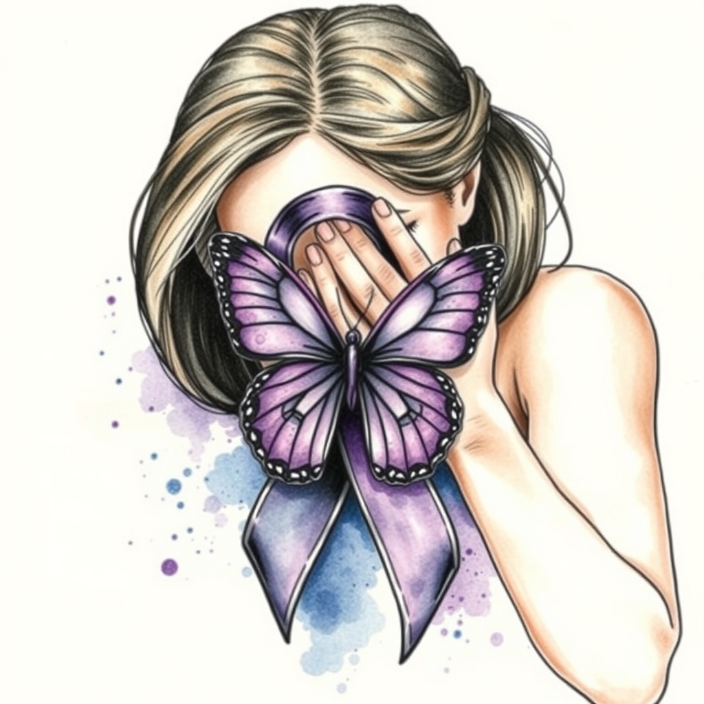 A tattoo design of Domestic violence ribbon awareness inclined together with a purple butterfly as a women hunched over her hands overing her face in the style of watercolor. - social awareness tattoo design generated by AI tattoo generator