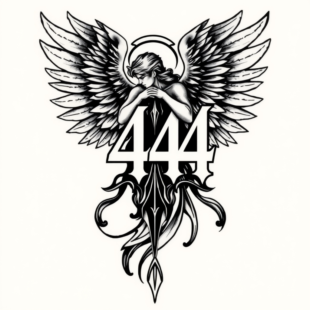 A tattoo design of Masculine style angel with the number 444 in the style of blackwork. - angel tattoo design generated by AI tattoo generator