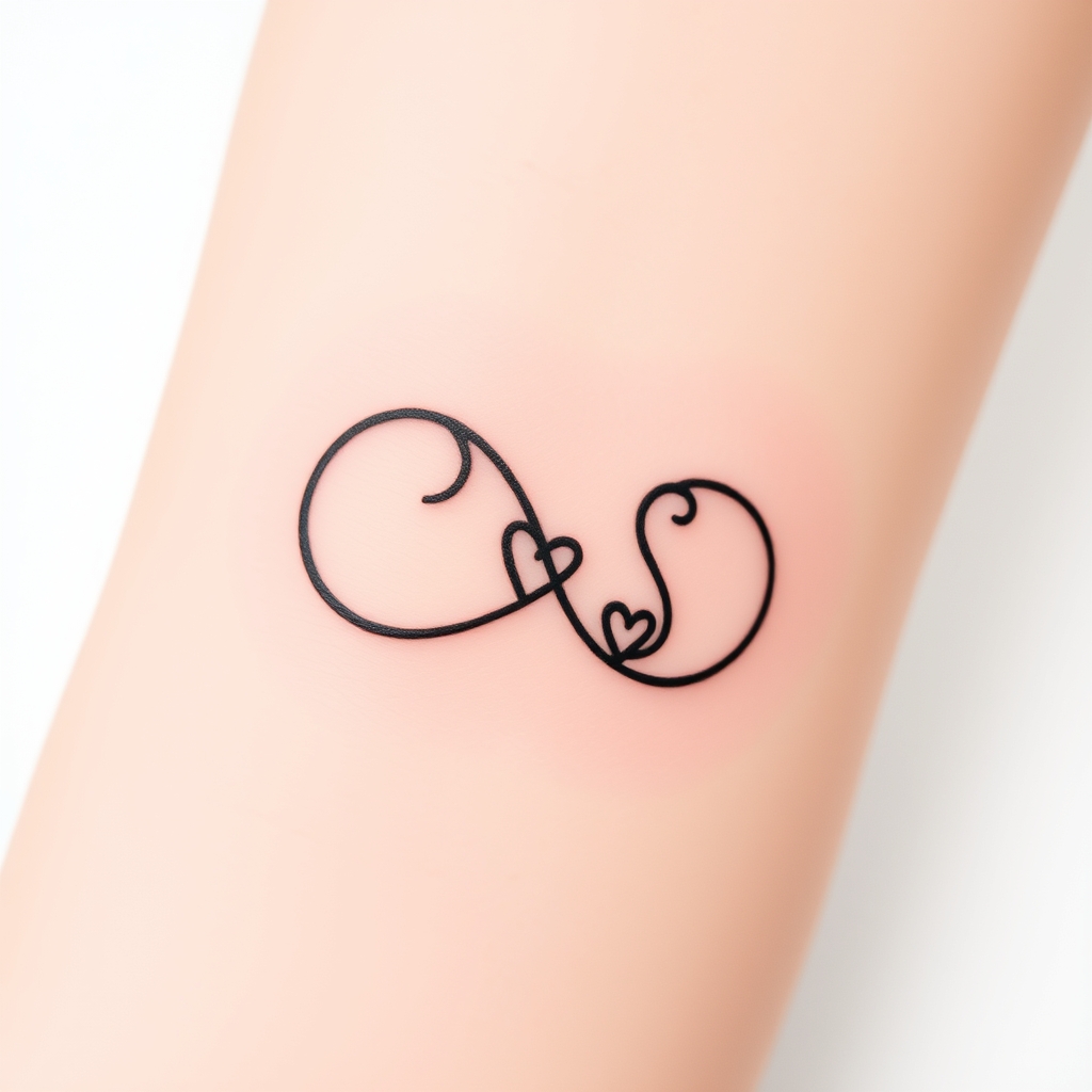 A tattoo design of A sleek, thin-line infinity loop in black ink. The left curve subtly forms a “C” (for Cedric) and the right curve flows into the letter “S” (for Sheretta), both stylized and entwined with the loop. At their meeting point, you can add a tiny heart or a miniature infinity symbol to symbolize the continuity of your 35-year bond. Overall size around 1.5–2 in (3–5 cm)—ideal for a wrist, behind the ear, or ankle. in the style of realistic. - infinity loop tattoo design generated by AI tattoo generator