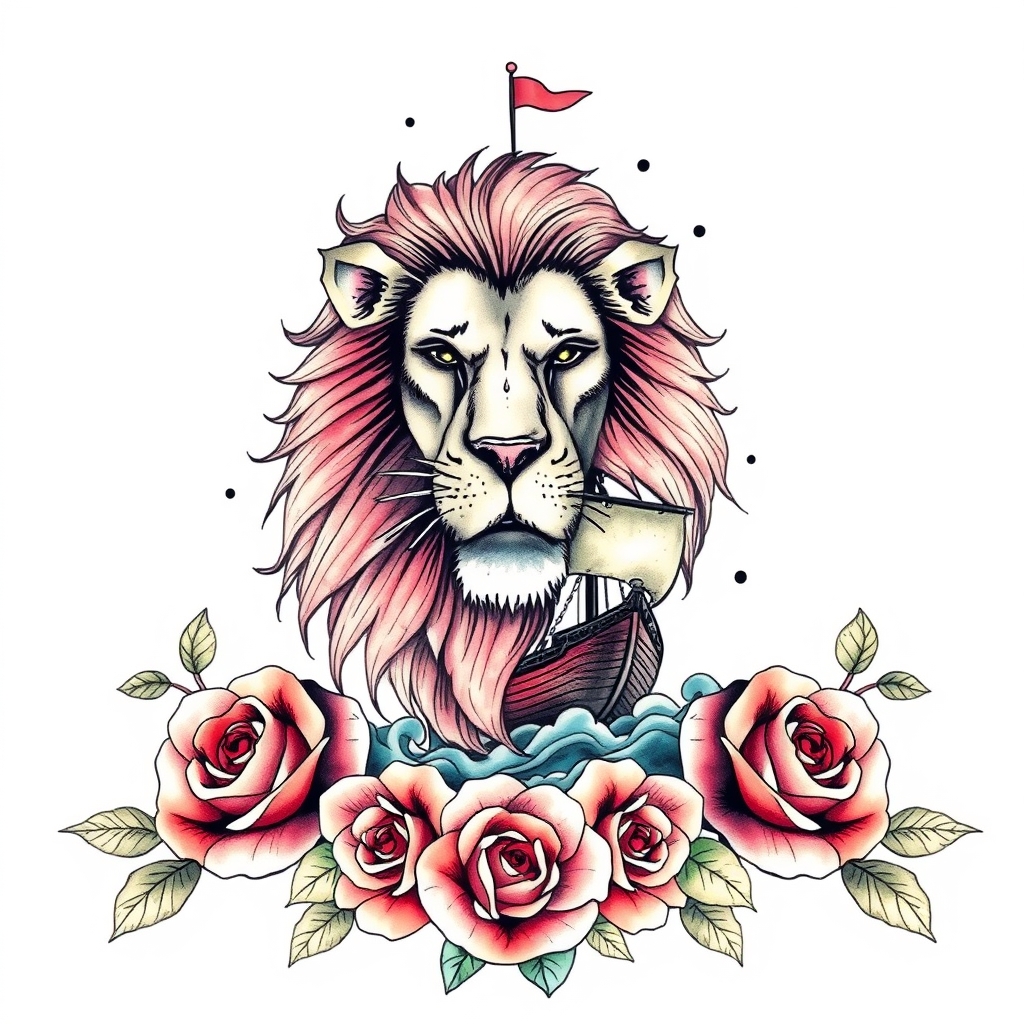 A tattoo design of Lion and pirate ship and roses in the style of watercolor. - mixed symbols tattoo design generated by AI tattoo generator