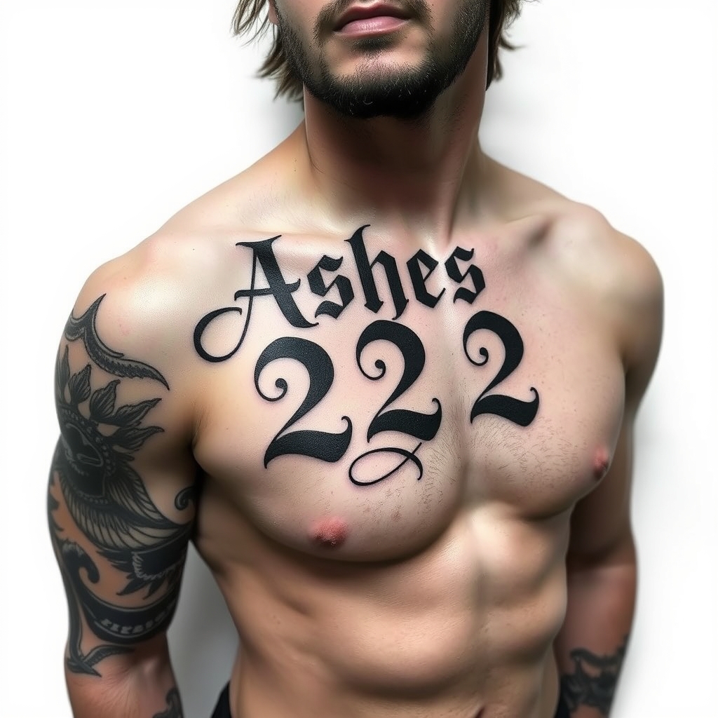 A tattoo design of "Ashes 222 Ashes" on left pectoralis in the style of realistic. - symbolic phrase tattoo design generated by AI tattoo generator