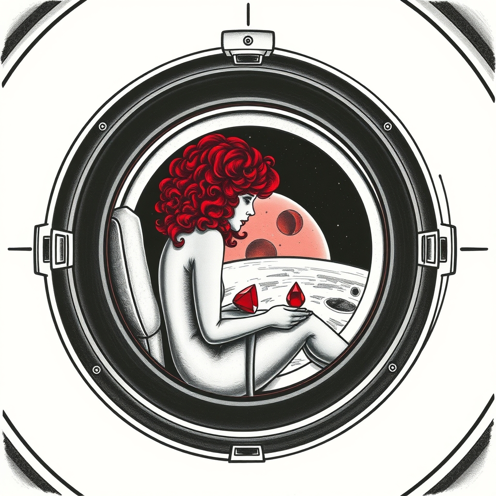 A tattoo design of Black and grey style. Redhead woman with curly hair sitting in a small space capsule alone. Floating through space with nothing to keep her company but a thing red ruby which she keeps on the small table by the porthole window. They are both sitting by the window peering out on an unknown planet. in the style of surrealistic. - space travel tattoo design generated by AI tattoo generator