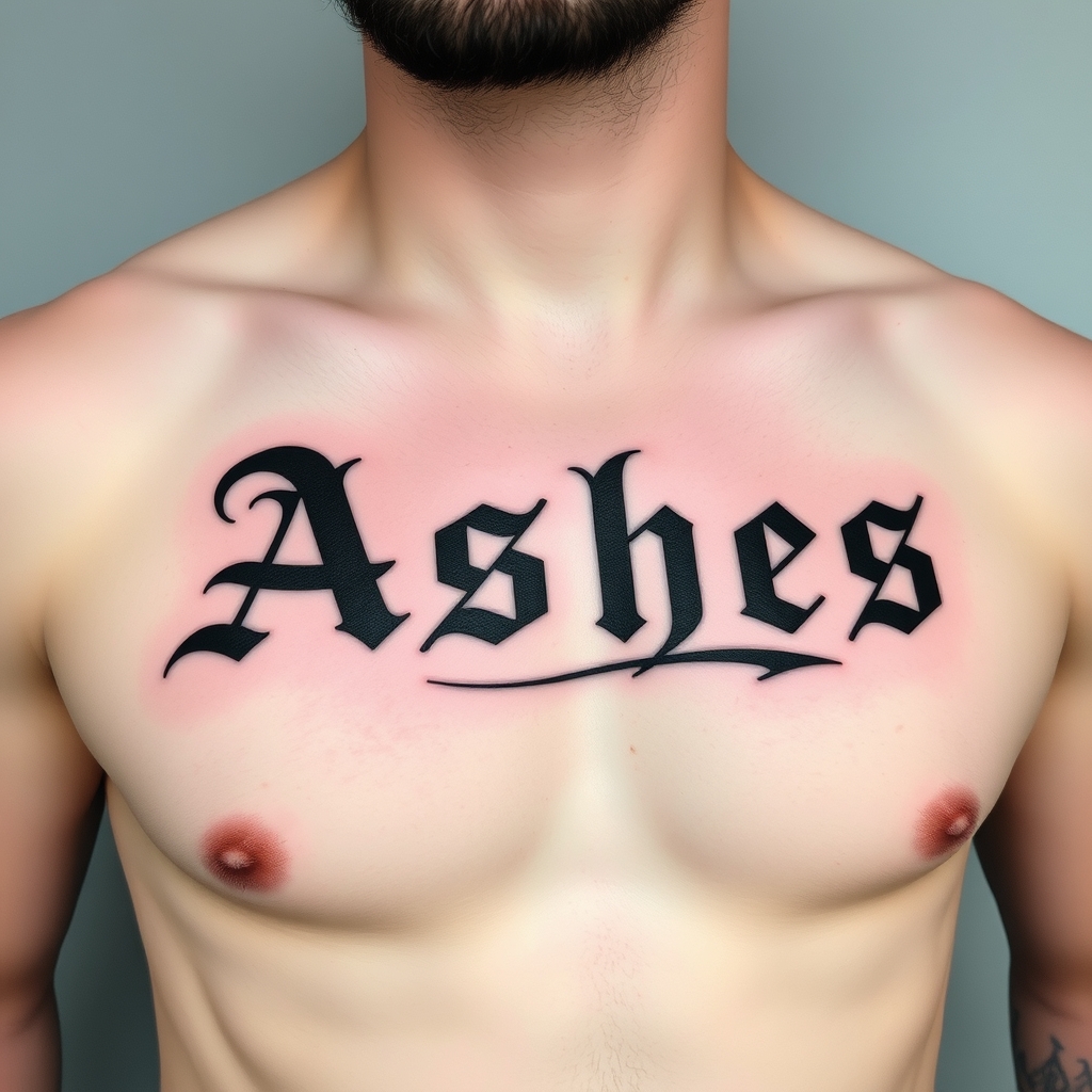 A tattoo design of Words "Ashes 222 Ashes" on left pectoralis in the style of geometric. - text phrase tattoo design generated by AI tattoo generator