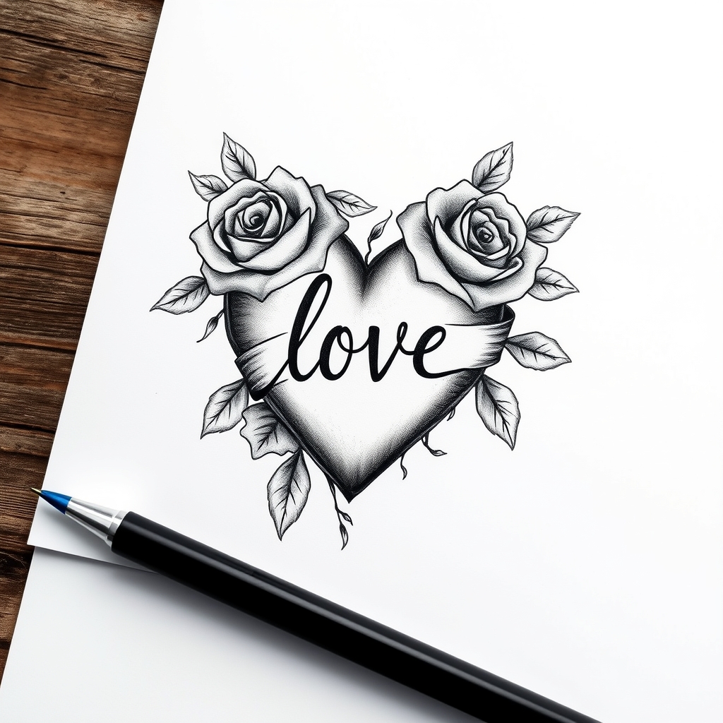 A tattoo design of b/w heart with love ribon in roses on white paper in the style of realistic. - heart design tattoo design generated by AI tattoo generator