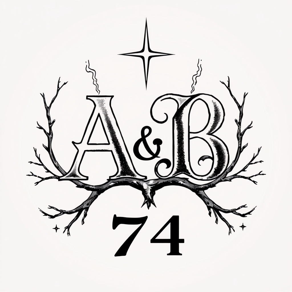 A tattoo design of Initials A and  B with lighting bolts, one wife, 3 tree limbs, and the number 74 in the style of realistic. - family crest tattoo design generated by AI tattoo generator