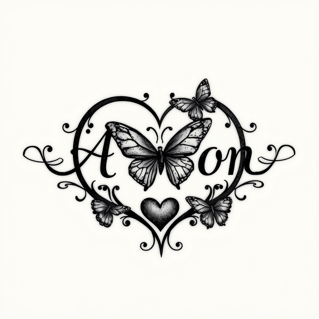 A tattoo design of Name Aaron in infinity whith heart and butterfly in the style of blackwork. - name in symbol tattoo design generated by AI tattoo generator
