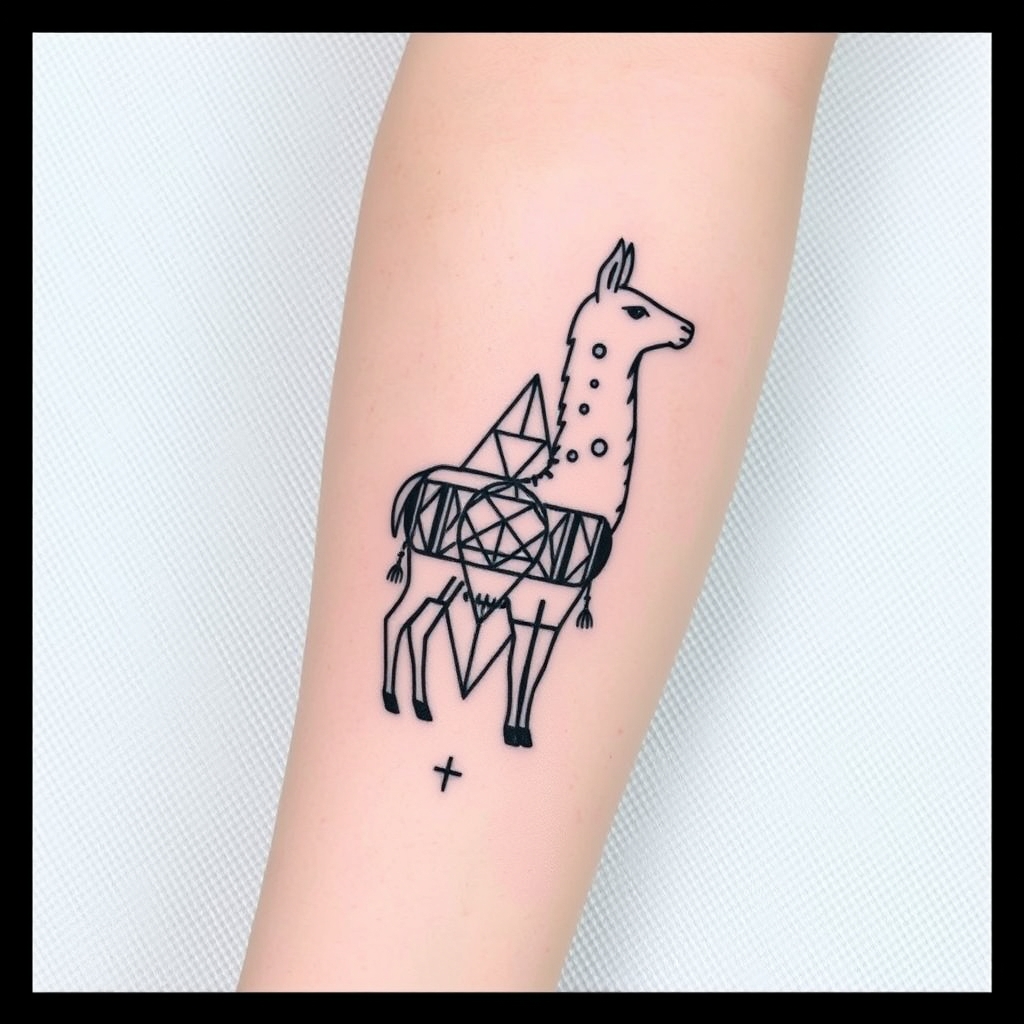 A tattoo design of Pretty and Dainty sacred geometry llama for forearm in the style of geometric. - sacred geometry animal tattoo design generated by AI tattoo generator