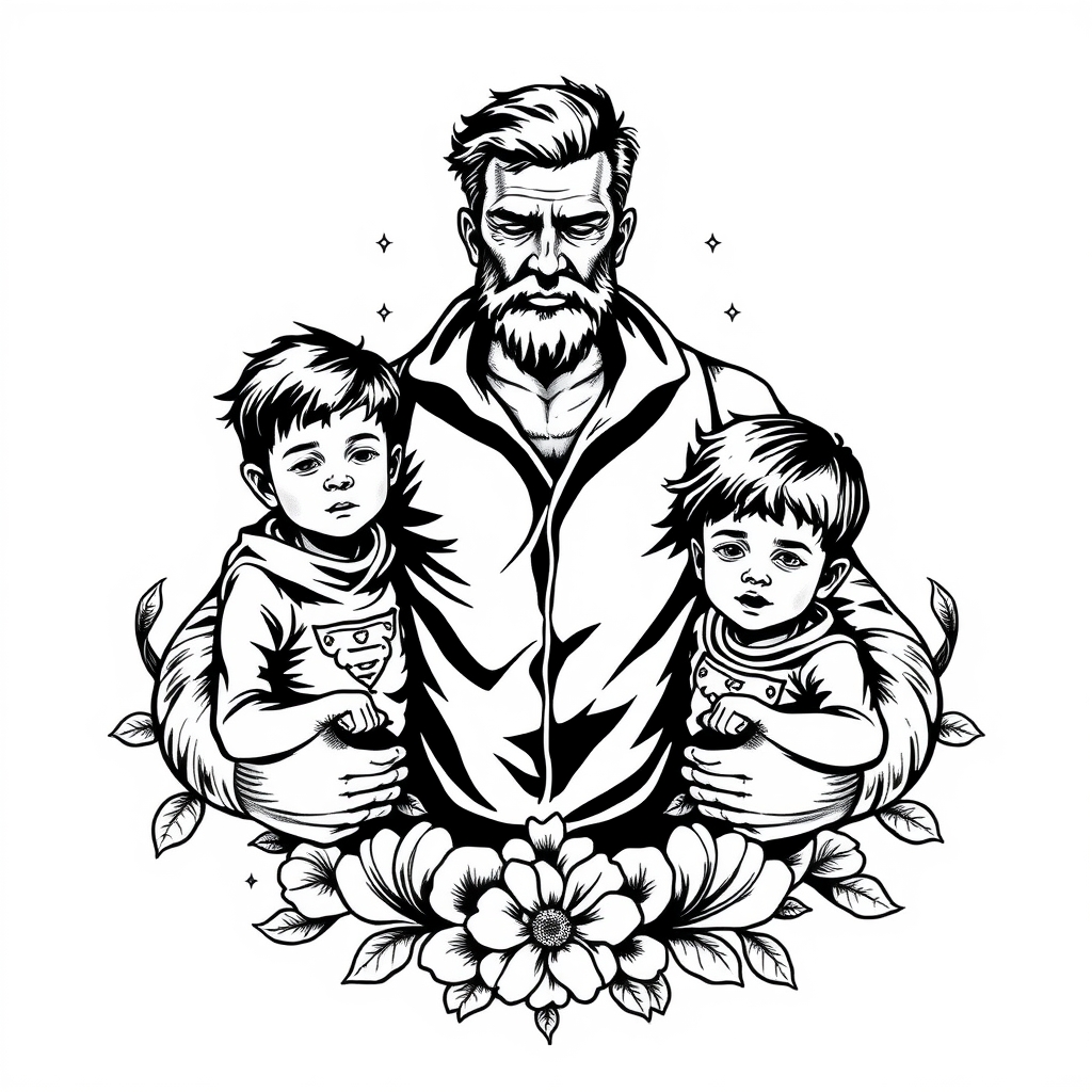 A tattoo design of A father protecting his 3 kids in the style of blackwork. - family tattoo design generated by AI tattoo generator