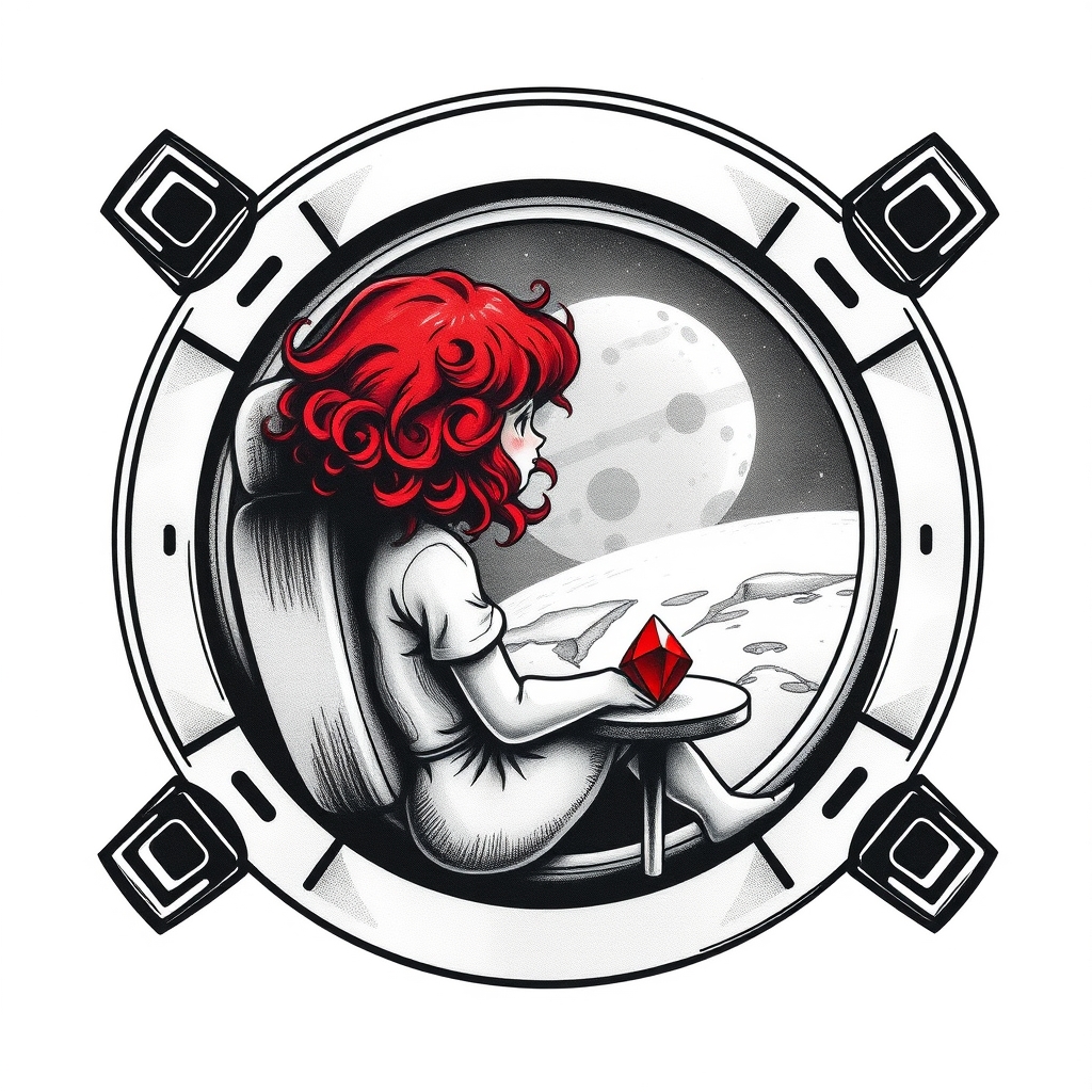 A tattoo design of Black and grey style. Redhead girl with curly hair sitting in a small space capsule alone. Floating through space with nothing to keep her company but a thing red ruby which she keeps on the small table by the porthole window. They are both sitting by the window peering out on an unknown planet. in the style of minimalist. - space travel tattoo design generated by AI tattoo generator