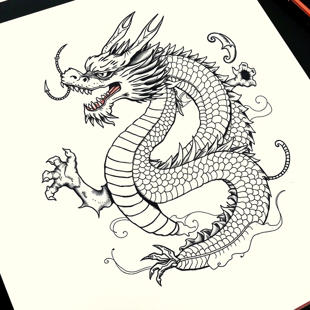 A tattoo design of Japanese dragon in the style of realistic. - mythical creatures tattoo design generated by AI tattoo generator