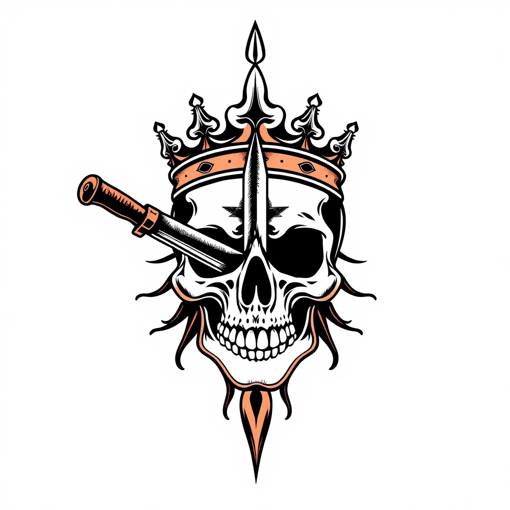 A tattoo design of Skull wearing a crown with a knife through it's eye in the style of traditional. - skull design tattoo design generated by AI tattoo generator