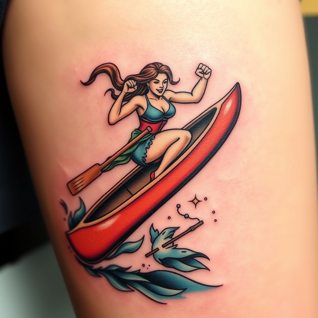 A tattoo design of A strong woman leaping off a canoe into water in the style of realistic. - woman in motion tattoo design generated by AI tattoo generator