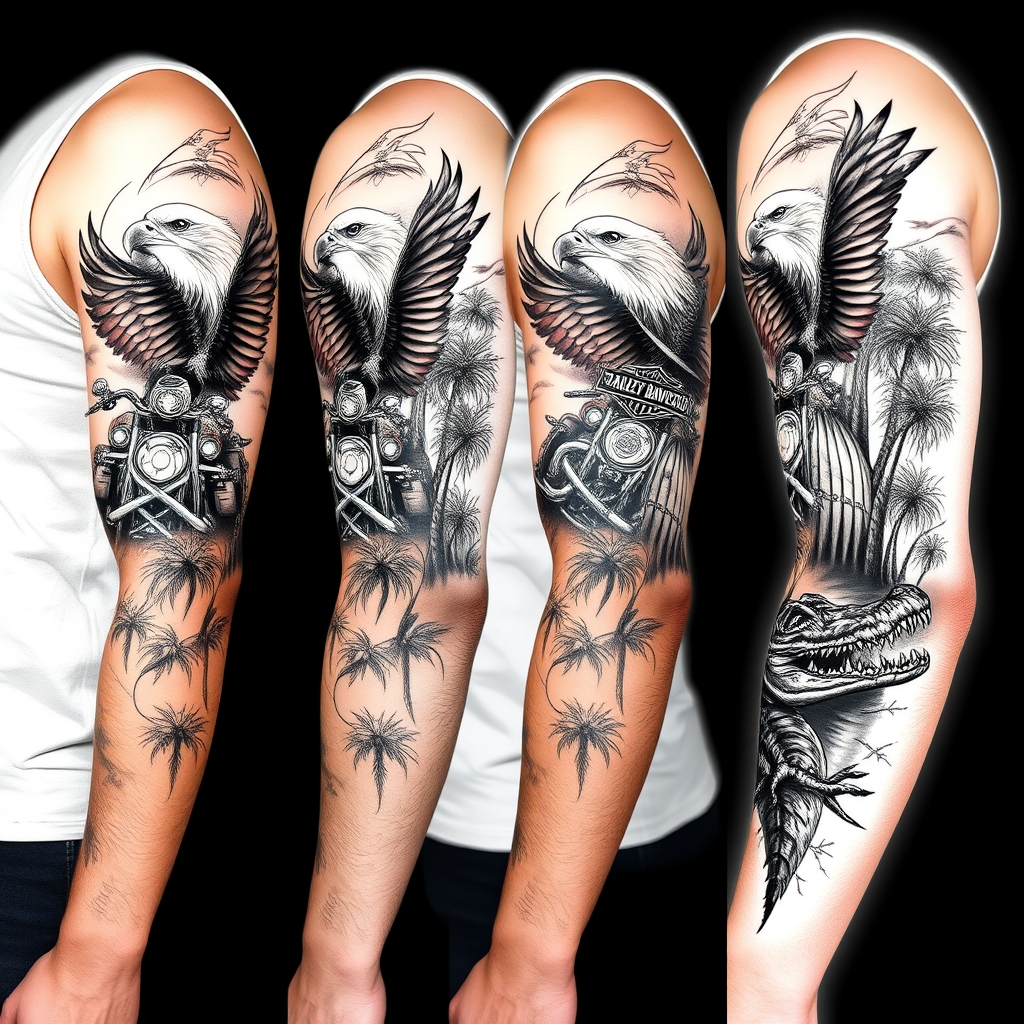 A tattoo design of Right arm full sleeve with the upper containing Harley Davidson theme with eagles mixed with the lower of Florida cypress swamp theme with alligator in the style of realistic. - motorcycles and wildlife tattoo design generated by AI tattoo generator