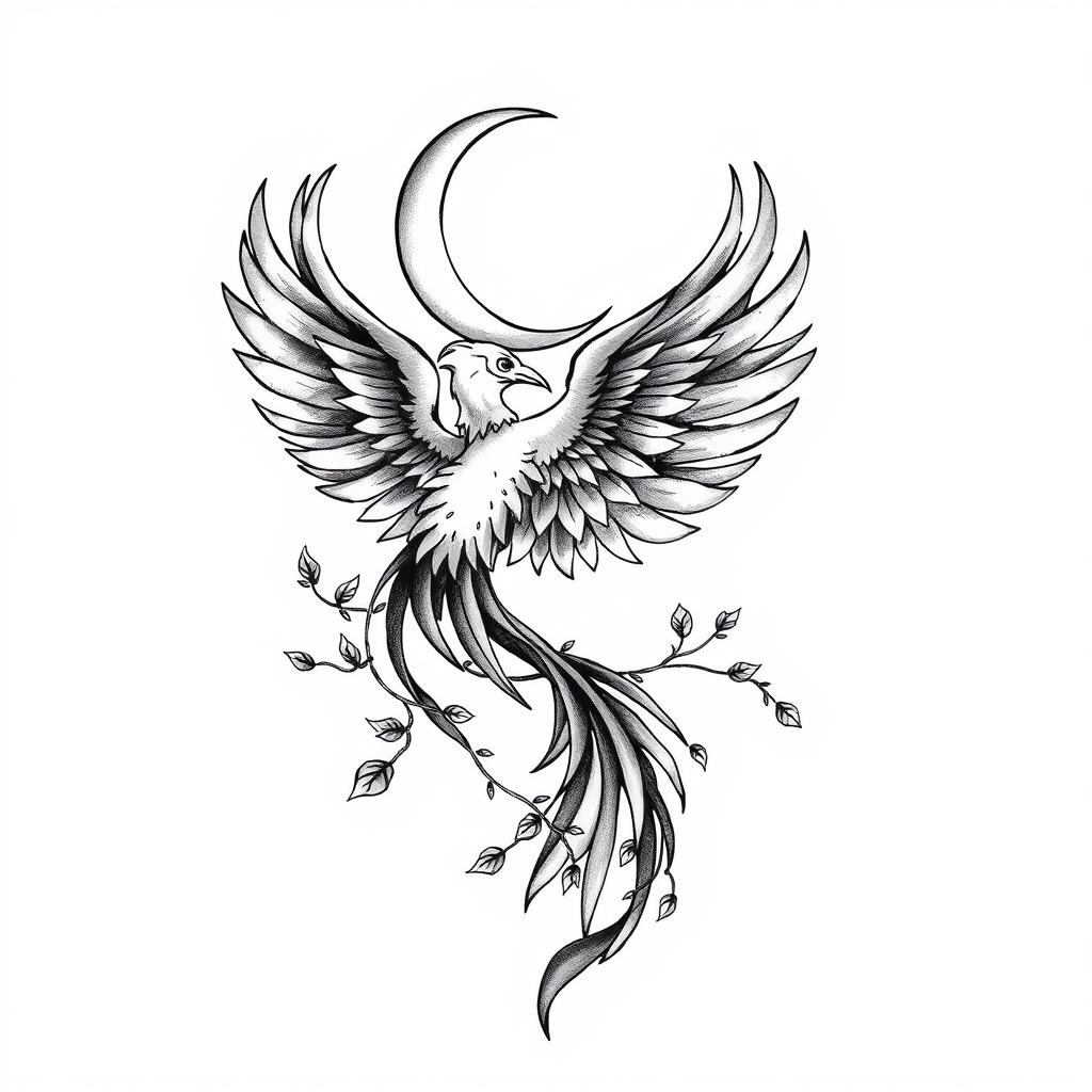 A tattoo design of Phoenix with crescent moon and vines intertwined in the style of realistic. - mythical creatures tattoo design generated by AI tattoo generator