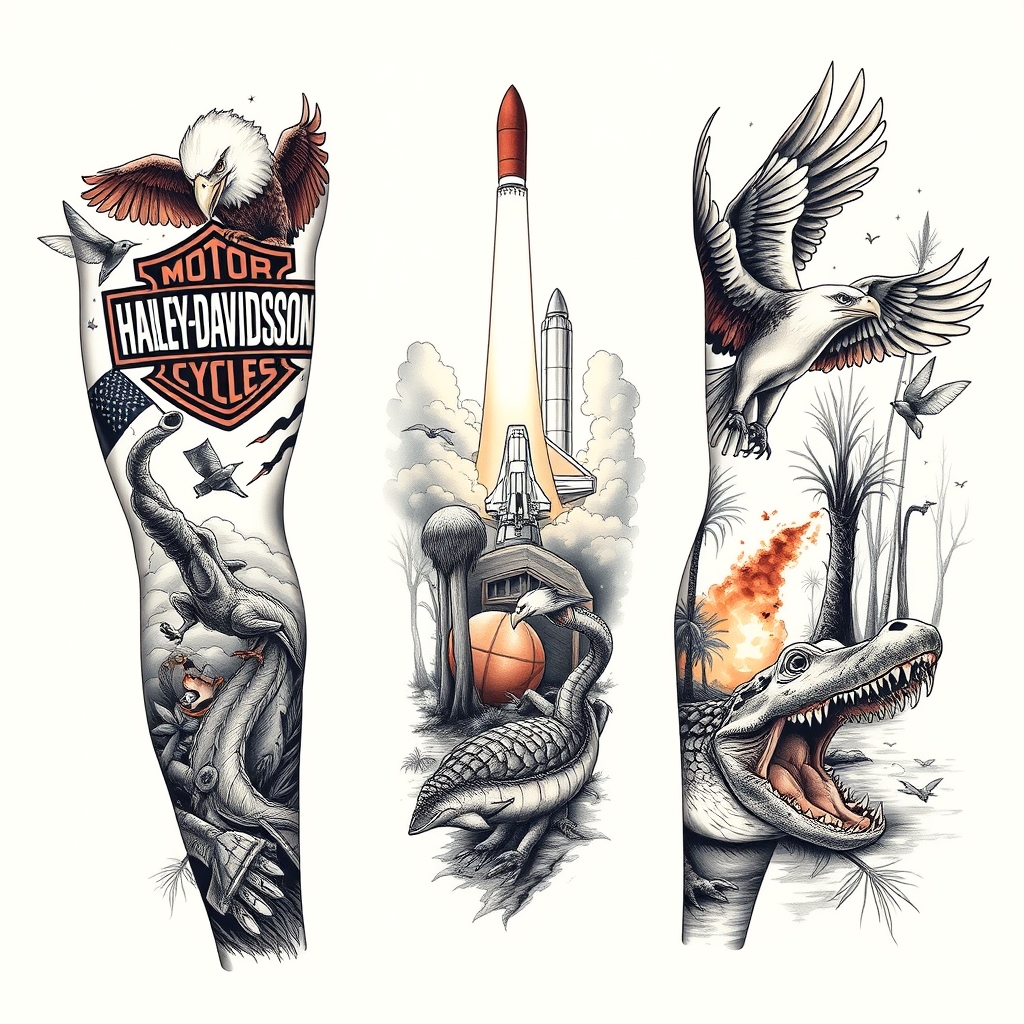 A tattoo design of Right arm full sleeve with the upper containing Harley Davidson theme with eagles mixed with the lower of Florida cypress swamp theme with alligator and space shuttle launch in the background  in the style of realistic. - mixed vehicle and nature scenes tattoo design generated by AI tattoo generator