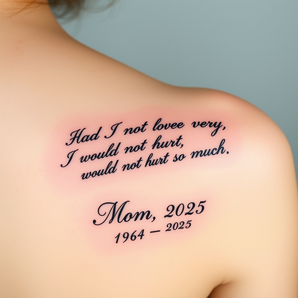 A tattoo design of right shoulder blade tattoo. Lavender with the words Had I not loved so very much, I would not hurt so much in cursive. Mom 1964-2025 underneath in serif  in the style of japanese. - memorial quote tattoo design generated by AI tattoo generator