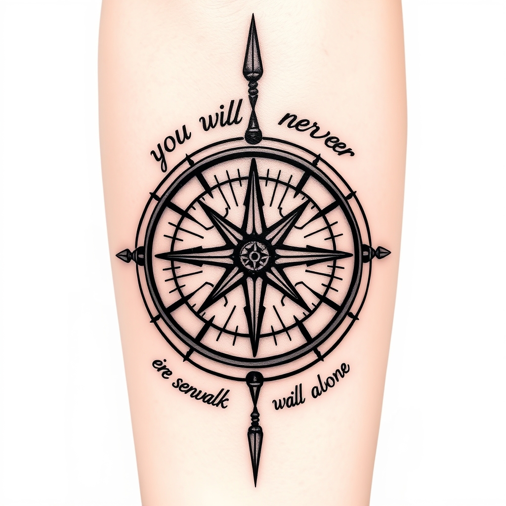 A tattoo design of Compass, you will never walk alone in the style of realistic. - nautical symbol tattoo design generated by AI tattoo generator
