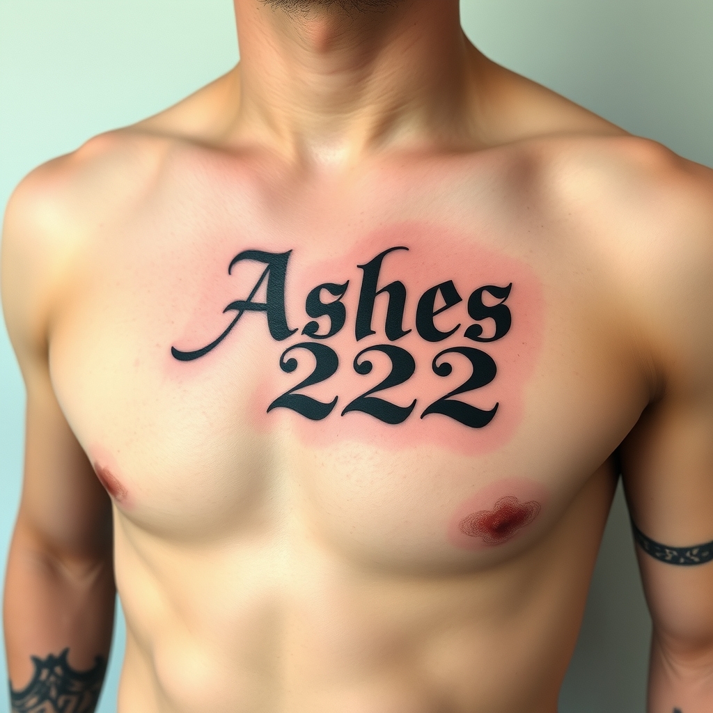 A tattoo design of Words "Ashes 222 Ashes" on left pectoralis in the style of traditional. - text tattoo tattoo design generated by AI tattoo generator