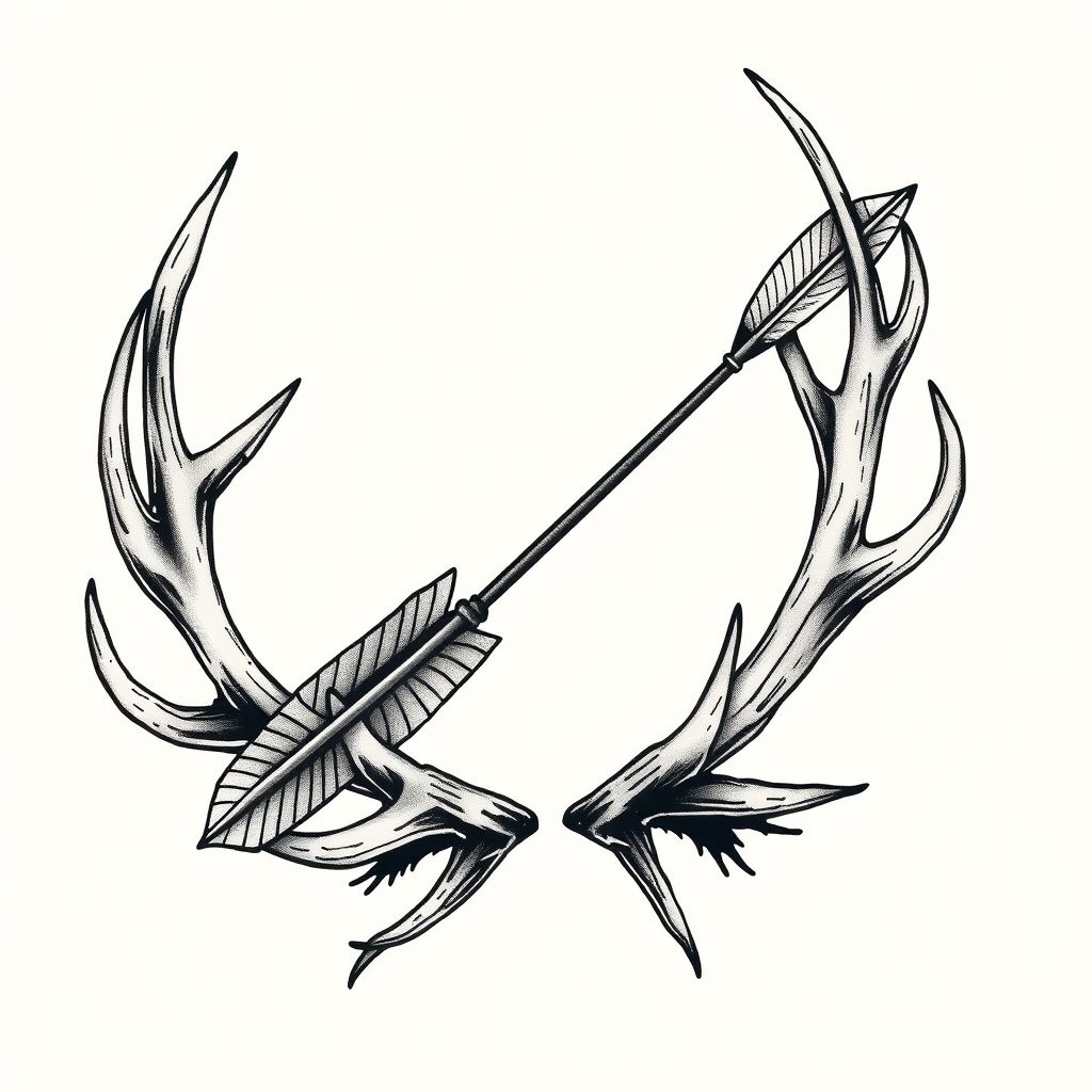 A tattoo design of Arrow laying in an elk antler in the style of realistic. - wildlife tattoo design generated by AI tattoo generator