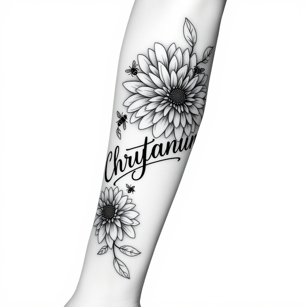 A tattoo design of Black and white from elbow to hand vertical the word Chrysanthemum in cursive down forearm, bees, blooming Chrysanthemums flowers large in the style of abstract. - flowers tattoo design generated by AI tattoo generator