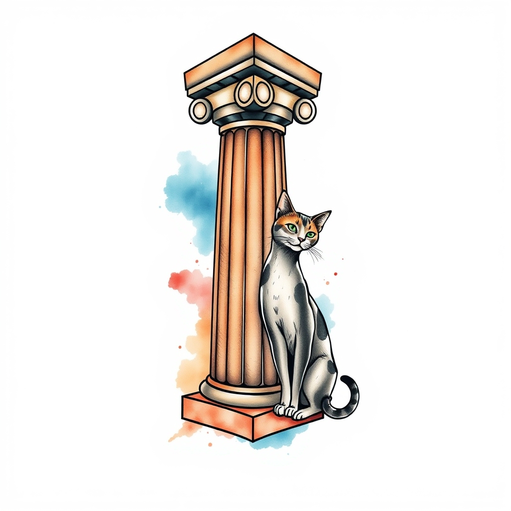 A tattoo design of Greek pillar with a sleek cat stretching next to it  in the style of watercolor. - architectural element animal tattoo design generated by AI tattoo generator