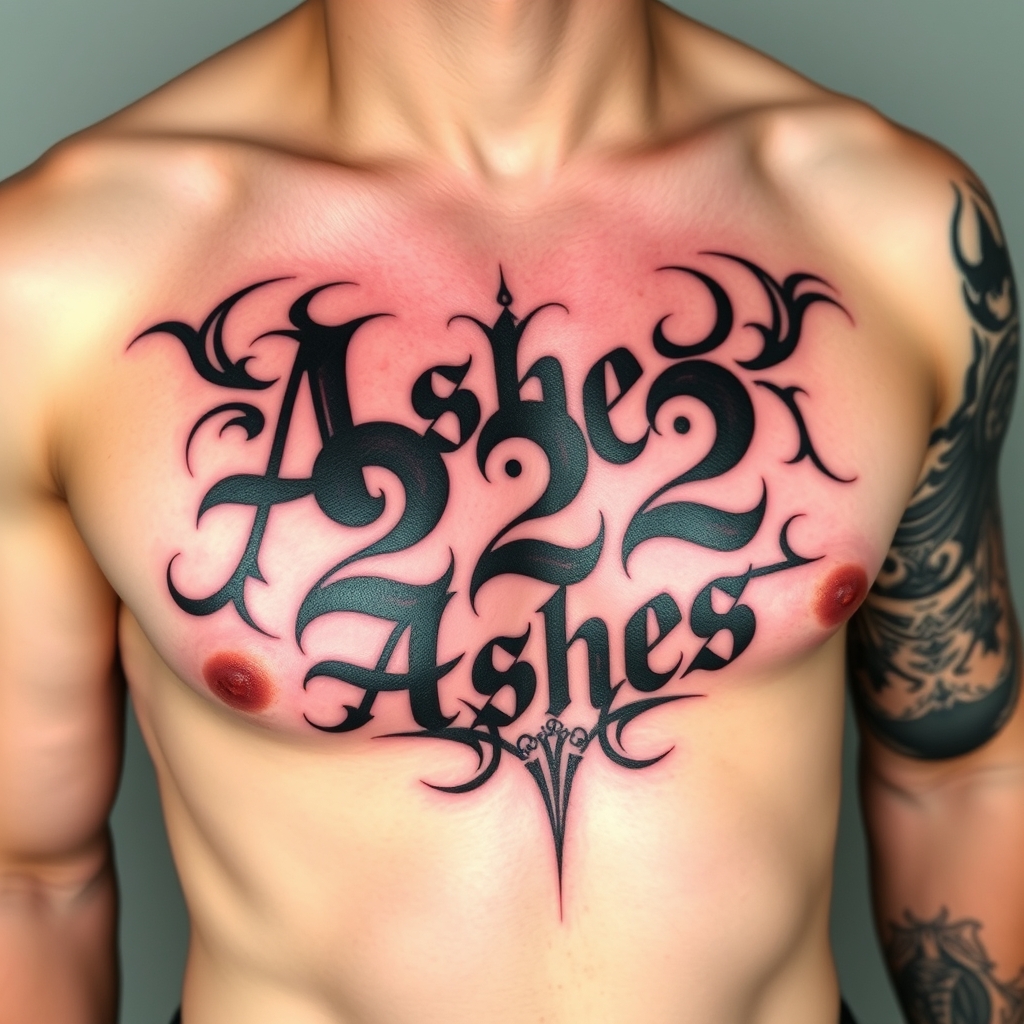 A tattoo design of Words "Ashes 222 Ashes" on left pectoralis in the style of tribal. - words and numbers tattoo design generated by AI tattoo generator
