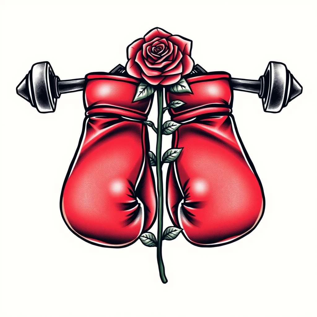 A tattoo design of Pair of boxing gloves hanging on a barbell with a single rose in the style of realistic. - sports fitness tattoo design generated by AI tattoo generator