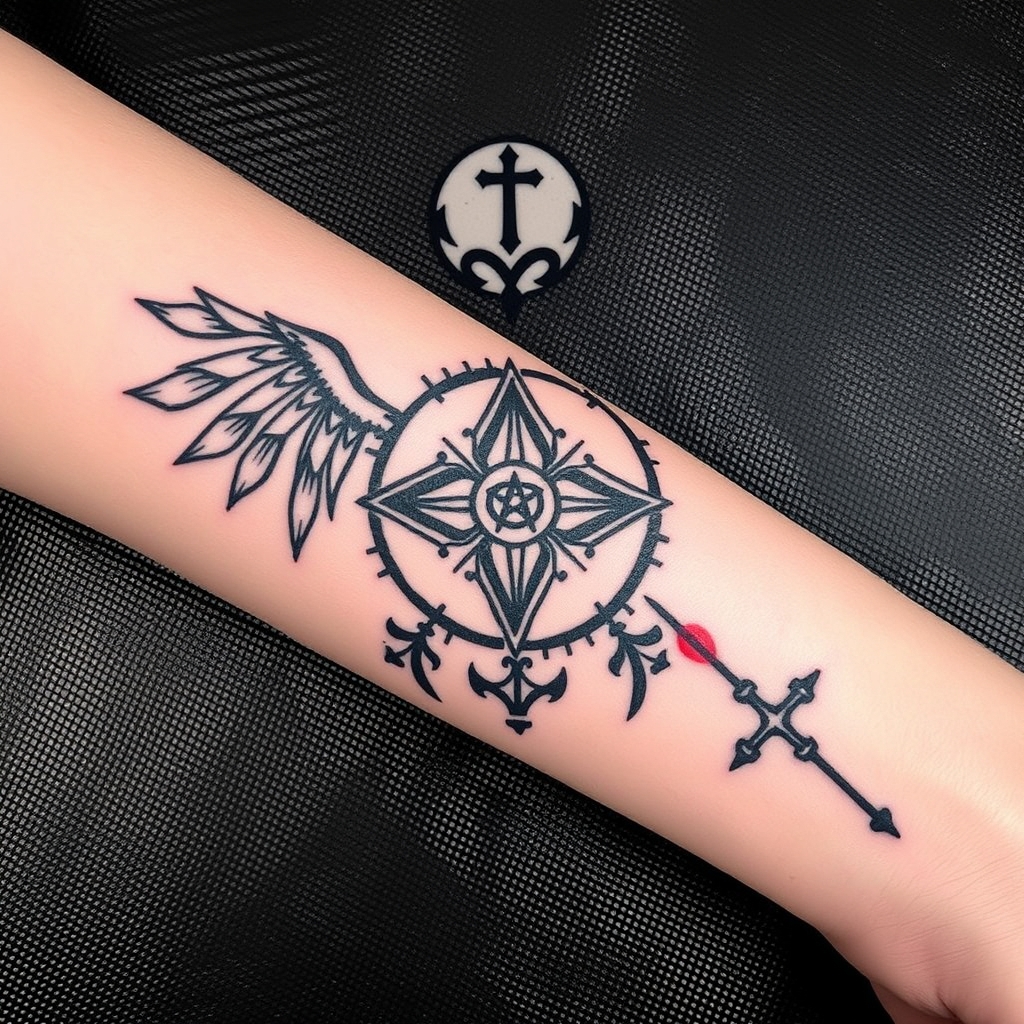 A tattoo design of feminine, odins ravens, wyrd, yggdrasil, vegvisin, valknut, troll cross, add a little red Down my arm onto my wrist in the style of geometric. - norse mythology tattoo design generated by AI tattoo generator