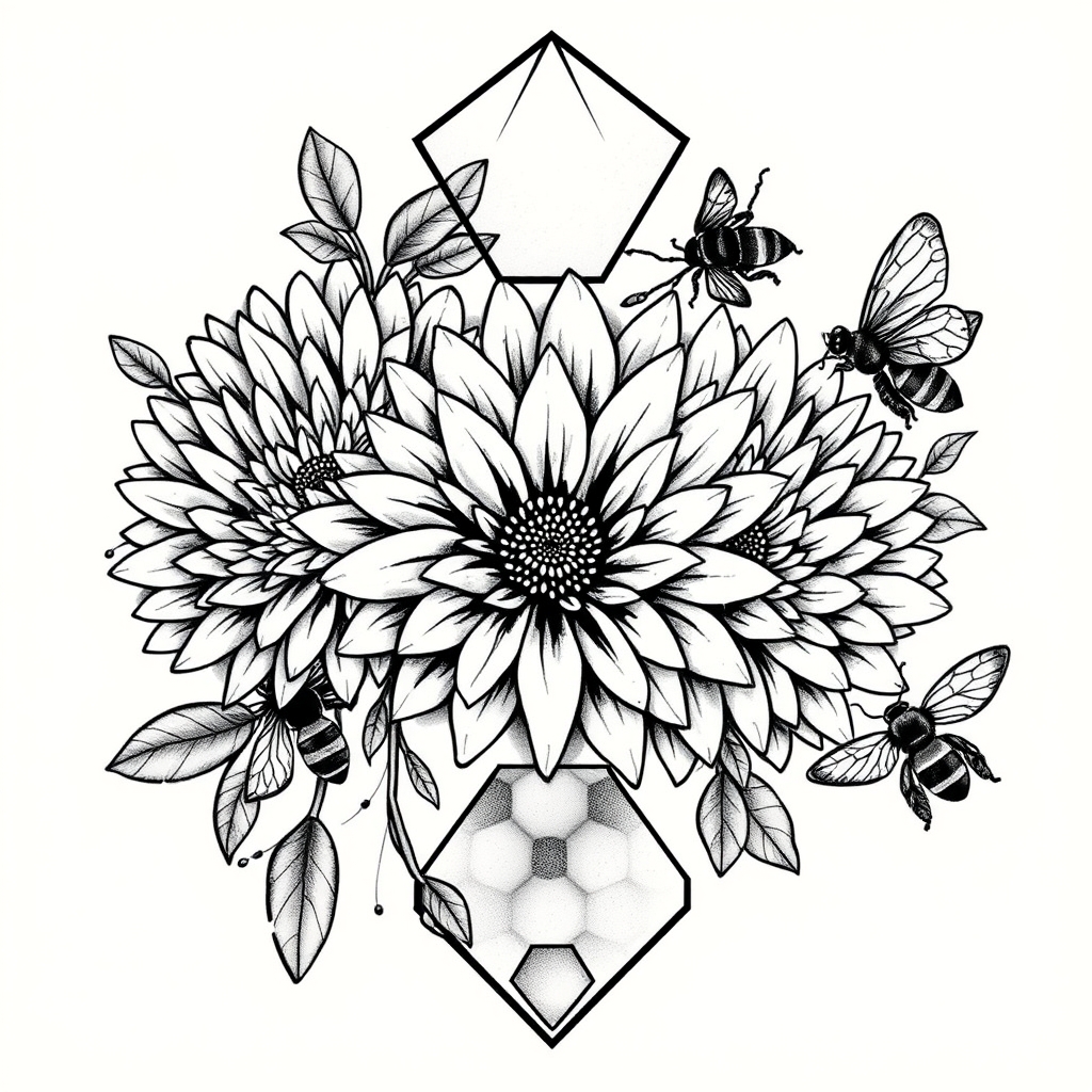 A tattoo design of Blooming Chrysanthemums, hexagons, and bees in the style of geometric. - flowers insects tattoo design generated by AI tattoo generator
