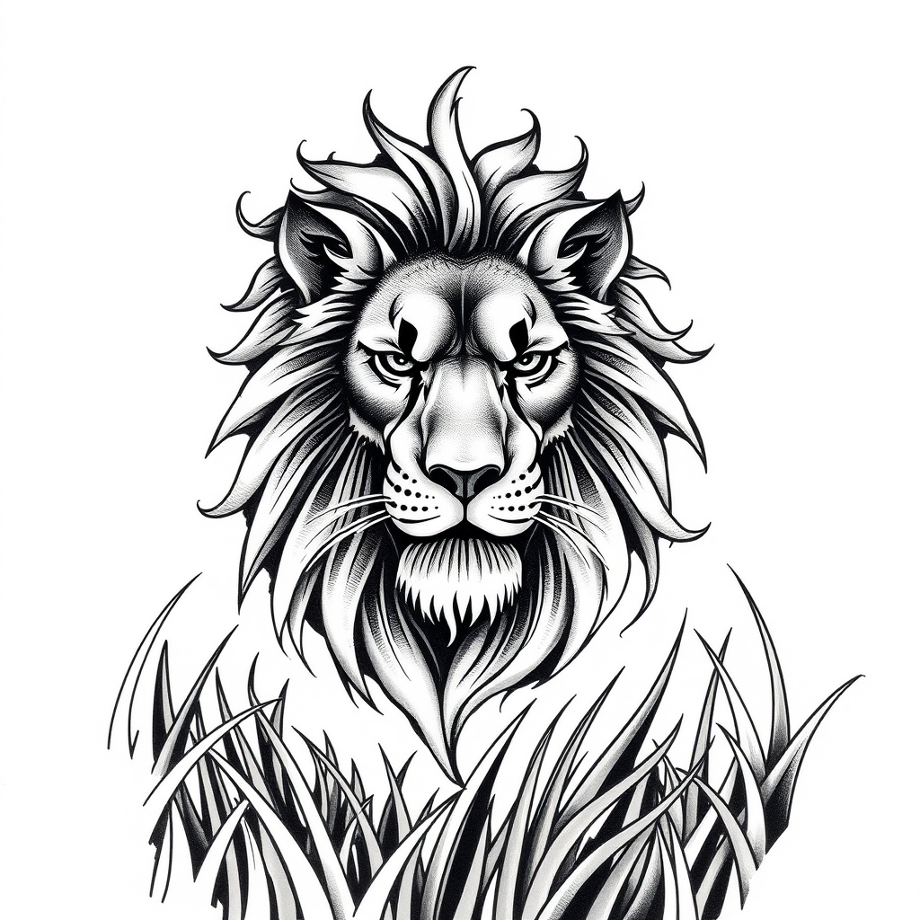 A tattoo design of a magestic lion in grass in the style of tribal. - animal tattoo design generated by AI tattoo generator
