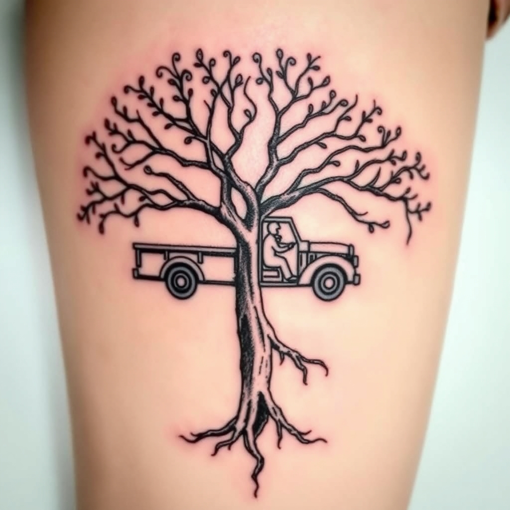 A tattoo design of A jarcanda tree with Jamie and Serena incorporated in the truck and Ashlin Joseph and Elih incorporated in the branches in the style of realistic. - tree with names tattoo design generated by AI tattoo generator