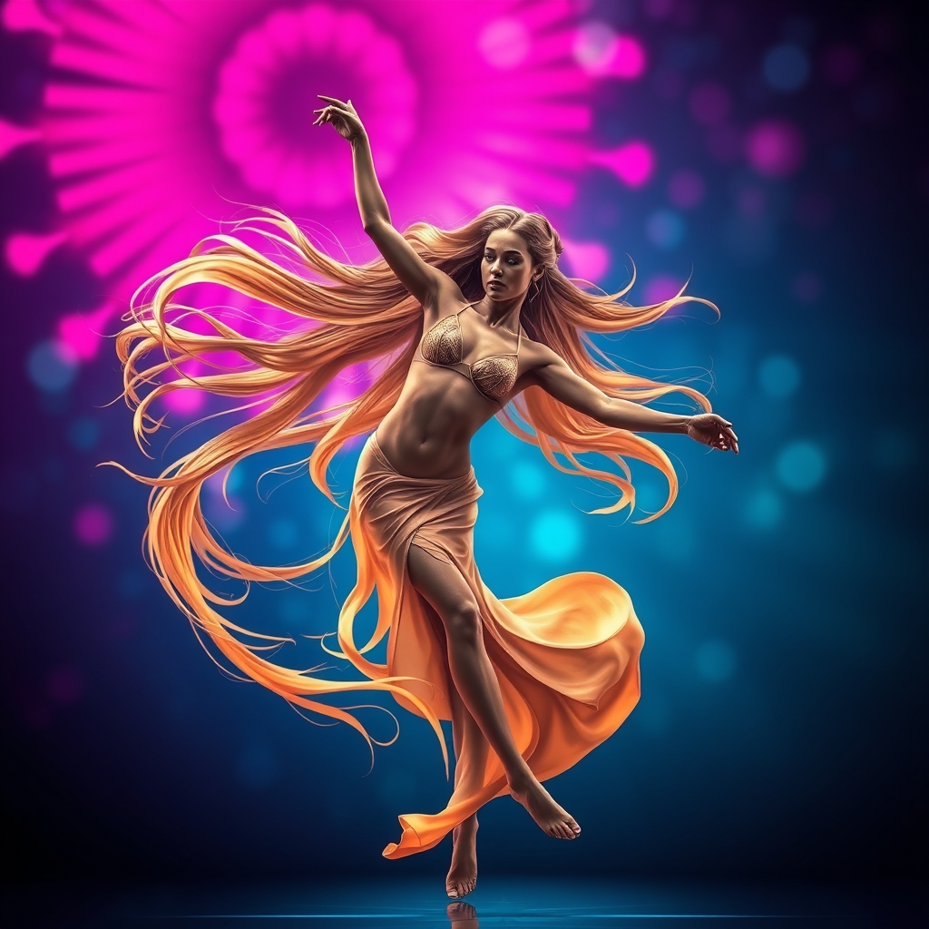 A tattoo design of A breathtakingly human woman dances mid-pose, her movement caught between motion and stillness. Her hair flows like liquid gold in slow gravity, while her form spirals with the grace of a Fibonacci shell. The background glows with radiant neon pinks and electric blues — a dreamy surreal night with shimmering bokeh. Her expression is pure reverie, as if music moves through her bones. The lighting casts soft shadows that carve her features in high-resolution detail, almost too perfect to be real. in the style of realistic. - woman tattoo design generated by AI tattoo generator