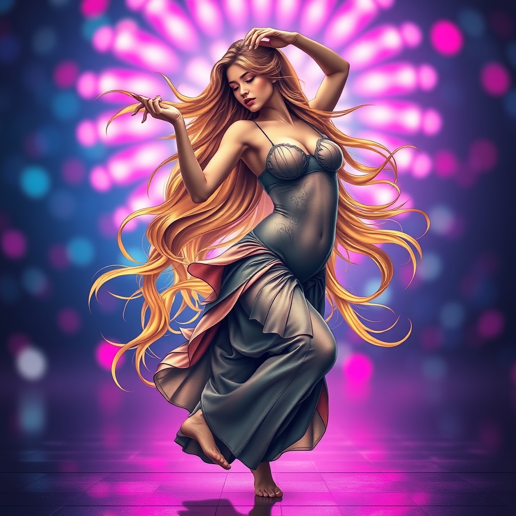 A tattoo design of A breathtakingly human woman dances mid-pose, her movement caught between motion and stillness. Her hair flows like liquid gold in slow gravity, while her form spirals with the grace of a Fibonacci shell. The background glows with radiant neon pinks and electric blues — a dreamy surreal night with shimmering bokeh. Her expression is pure reverie, as if music moves through her bones. The lighting casts soft shadows that carve her features in high-resolution detail, almost too perfect to be real. in the style of japanese. - woman tattoo design generated by AI tattoo generator