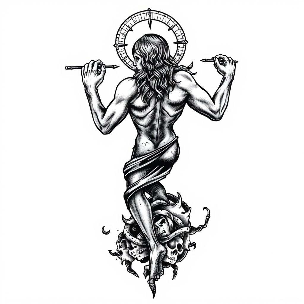A tattoo design of Atlas holding the world, twisted, down spine in the style of surrealistic. - mythological figure tattoo design generated by AI tattoo generator