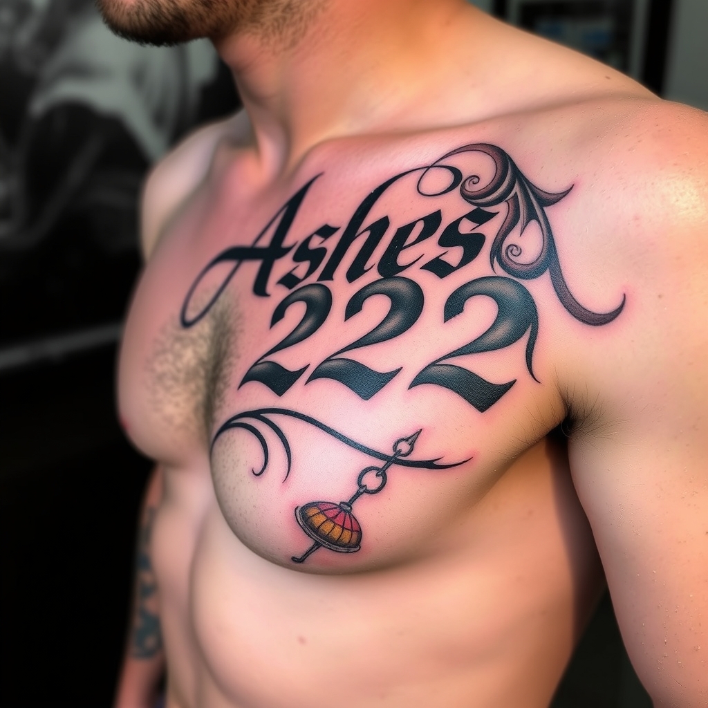 A tattoo design of "Ashes 222 Ashes" on right pectoralis in the style of realistic. - biblical reference tattoo design generated by AI tattoo generator