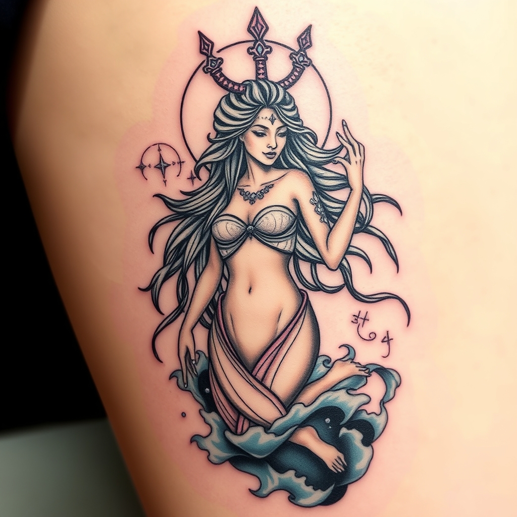 A tattoo design of Water goddess in the style of realistic. - mythical figures tattoo design generated by AI tattoo generator