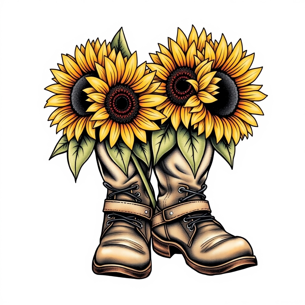 A tattoo design of Sunflowers in firefighter boots in the style of realistic. - firefighter boots tattoo design generated by AI tattoo generator