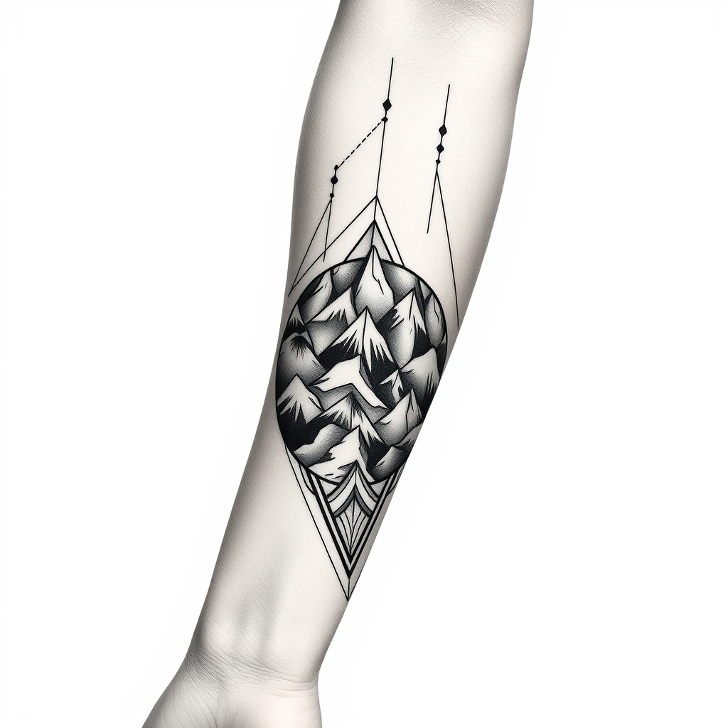 A tattoo design of Vertically Long Masculine peruvian tattoo for a forearm with mountains and line work in the style of geometric. - peruvian tattoo tattoo design generated by AI tattoo generator