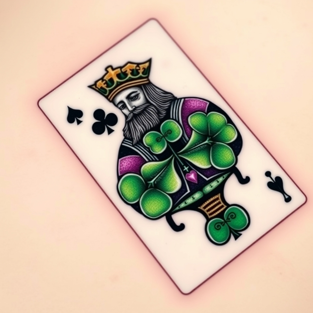 A tattoo design of I would like a 3 dimensional photo realistic playing card, the king of 4 leaf clovers, with black, green, and purple ink, maybe some white ink for highlighting. NO red ink. in the style of realistic. - playing cards tattoo design generated by AI tattoo generator