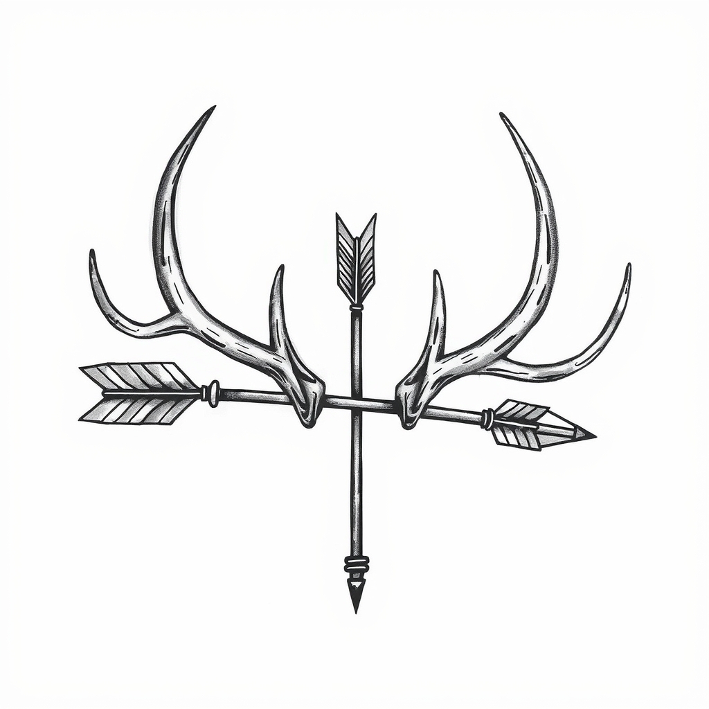A tattoo design of elk antler wrapped around 1 arrow in the style of realistic. - hunting wildlife tattoo design generated by AI tattoo generator