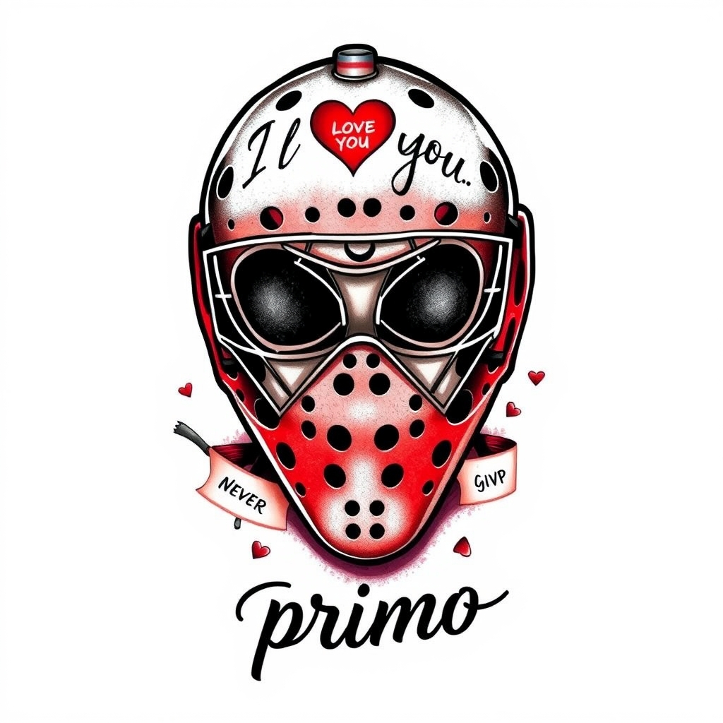 A tattoo design of Bernie parent goalie mask with the phrase " I love you" " never give up " and the name " primo " in the style of realistic. - sports equipment tattoo design generated by AI tattoo generator